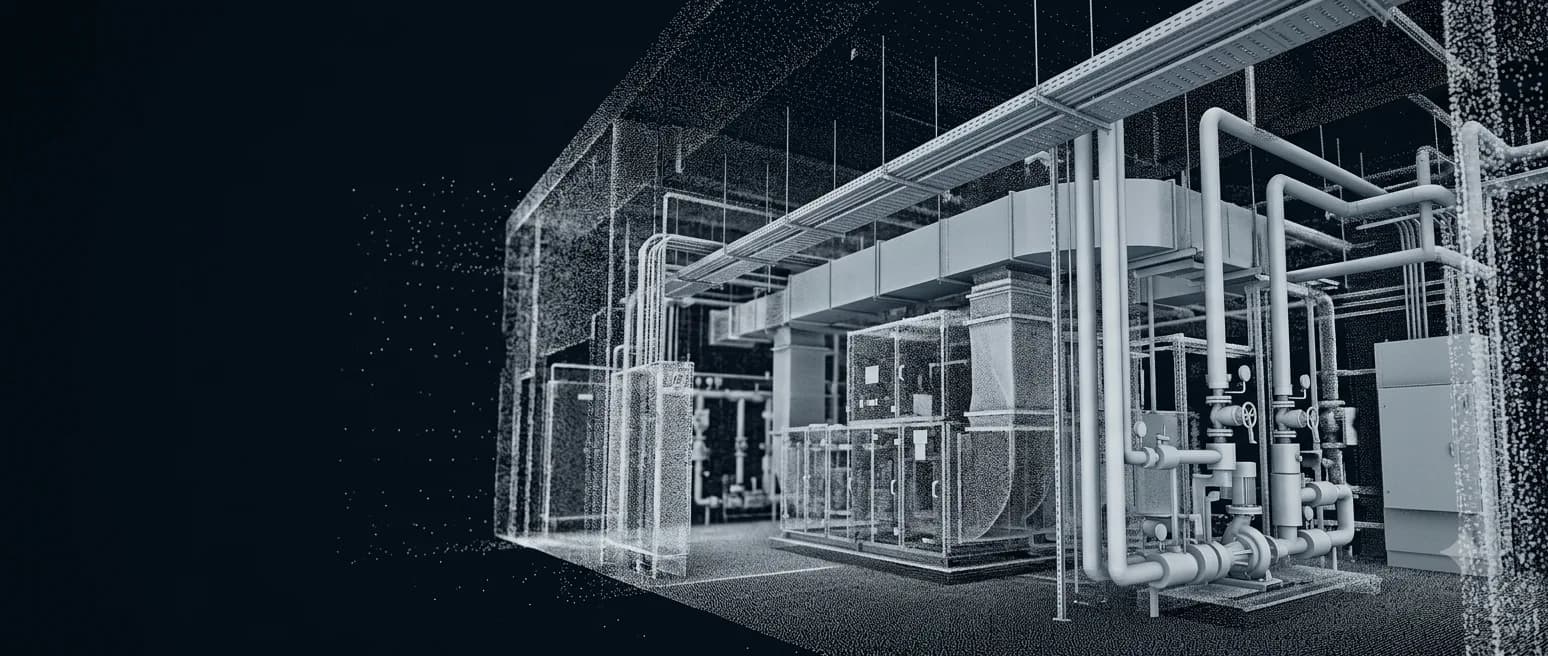 A laser point cloud of a plant room: pipes, plant and ductwork captured as built